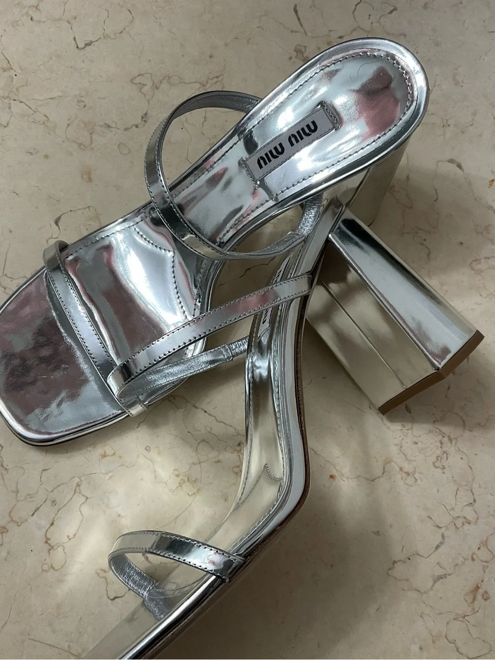 Miu Miu Metallic Silver Two-Strap Block Heel Sandals